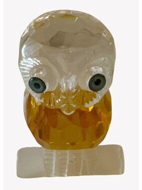 Crystal Glass Owl Figurine On Frosted Base Limb Faceted Amber Yellow Body